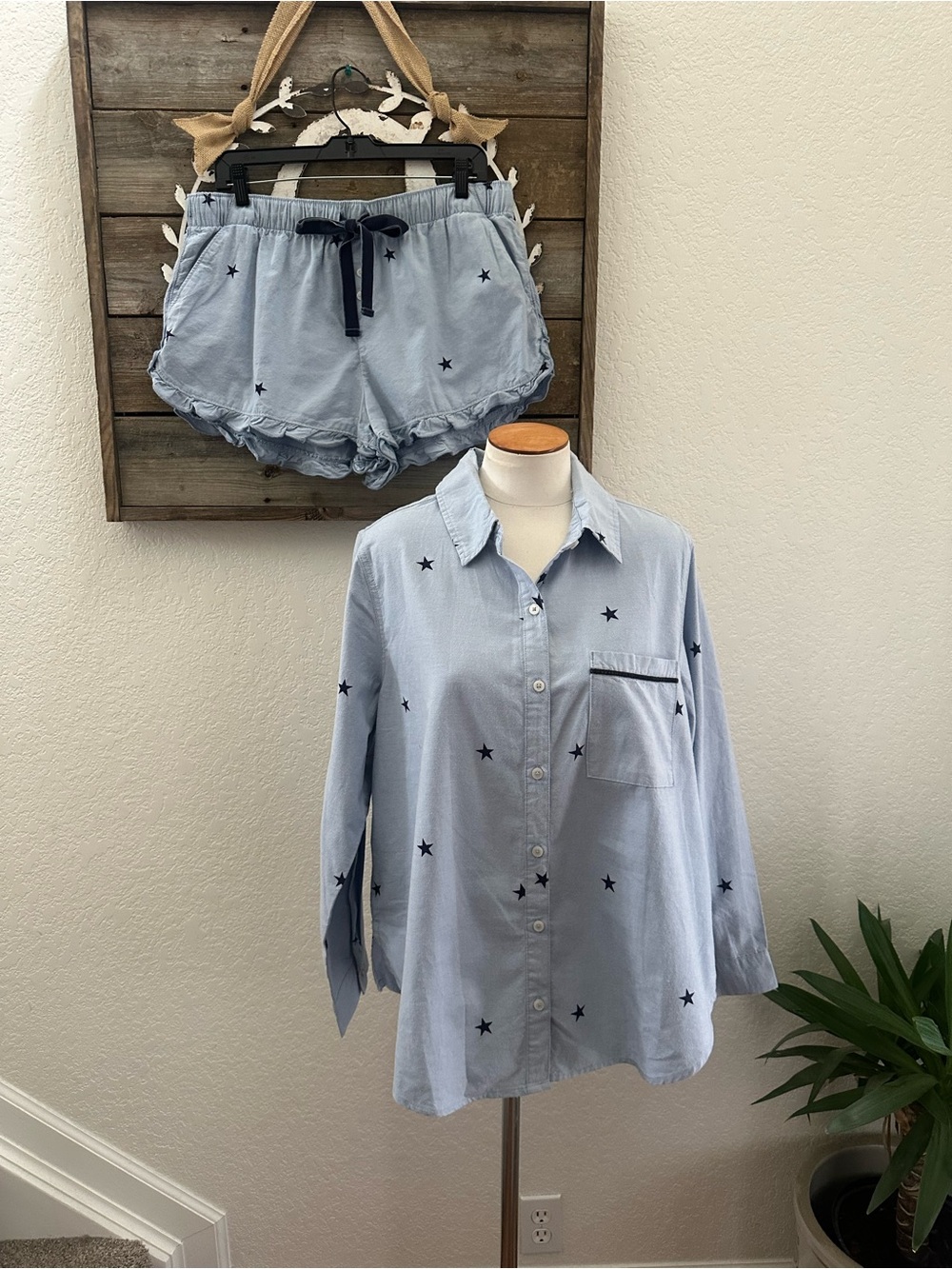 Aerie‎ blue 100% cotton flannel star print pajama set size M/L